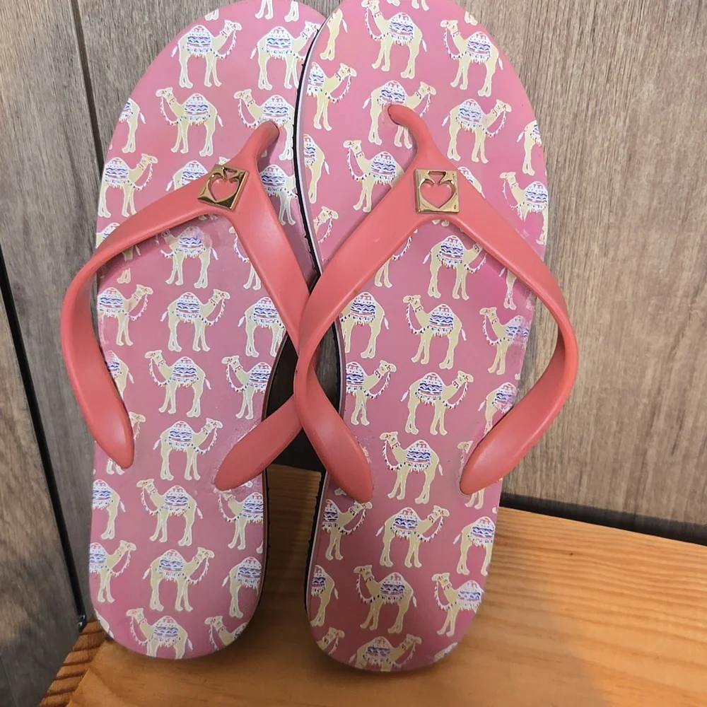 Kate Spade Pink Flip Flops with camel Print